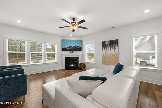 living room with a wealth of natural light, dark hardwood / wood-style flooring, and crown molding