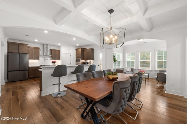 dining space with coffered ceiling, dark wood-type flooring, beamed ceiling, and a notable chandelier