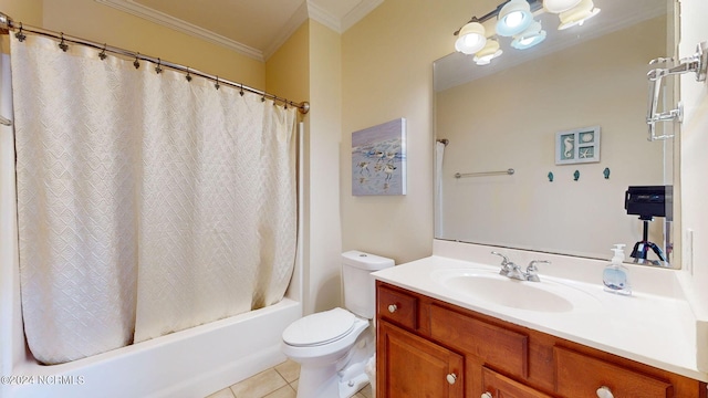 full bathroom with vanity, tile patterned flooring, toilet, ornamental molding, and shower / bathtub combination with curtain