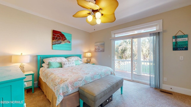 bedroom with ceiling fan, access to exterior, carpet floors, and ornamental molding