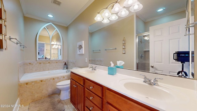 full bathroom with tile patterned floors, vanity, crown molding, independent shower and bath, and toilet