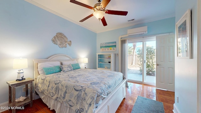 bedroom with a wall unit AC, access to exterior, ceiling fan, and ornamental molding