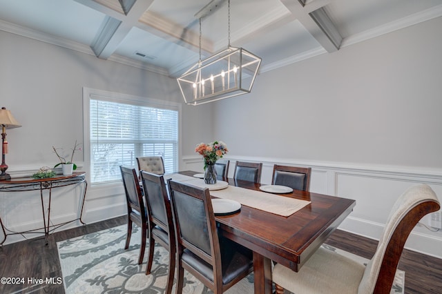 dining space featuring coffered ceiling, crown molding, dark hardwood / wood-style floors, a notable chandelier, and beam ceiling