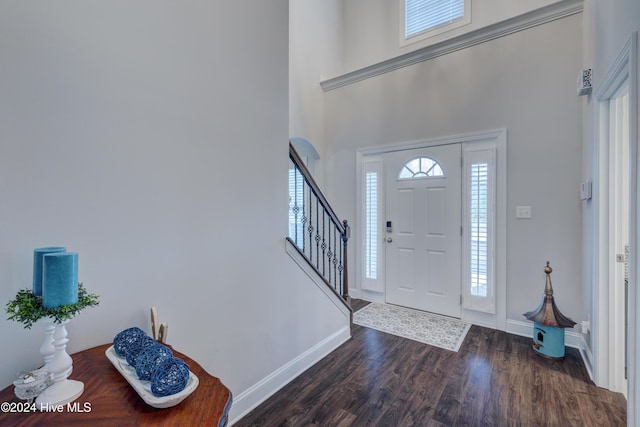 entrance foyer featuring dark wood-type flooring and a high ceiling