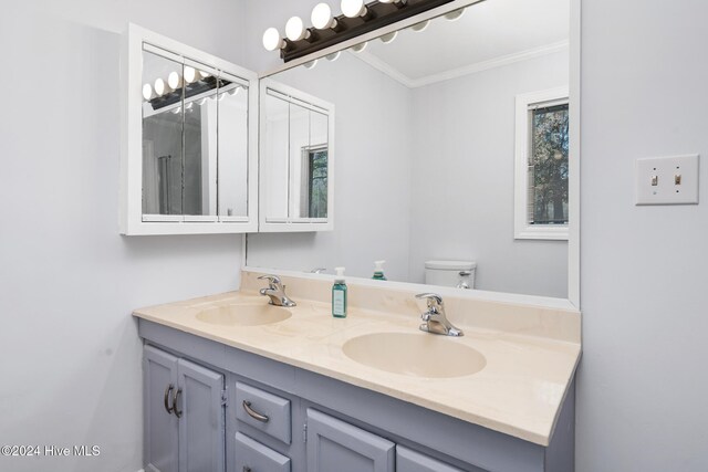 bathroom featuring vanity, toilet, ornamental molding, and a wealth of natural light