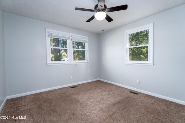 spare room featuring carpet, a textured ceiling, and ceiling fan