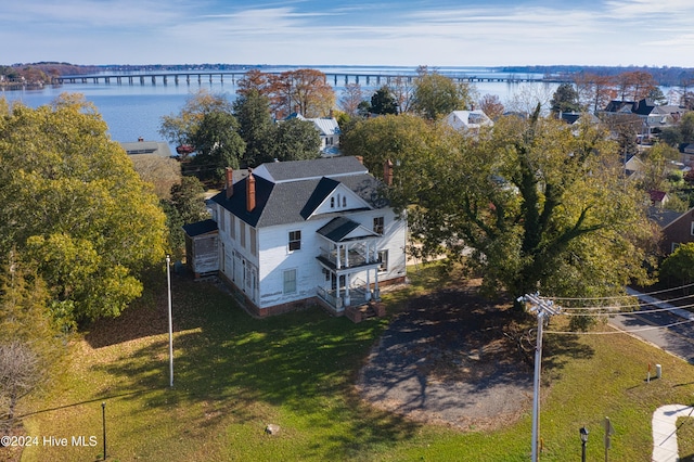 aerial view featuring a water view