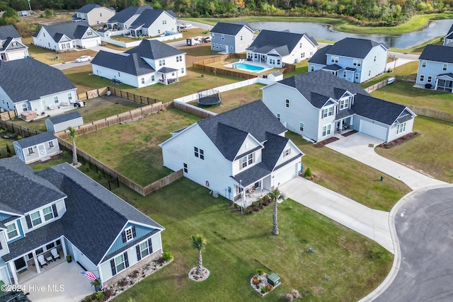 bird's eye view with a water view