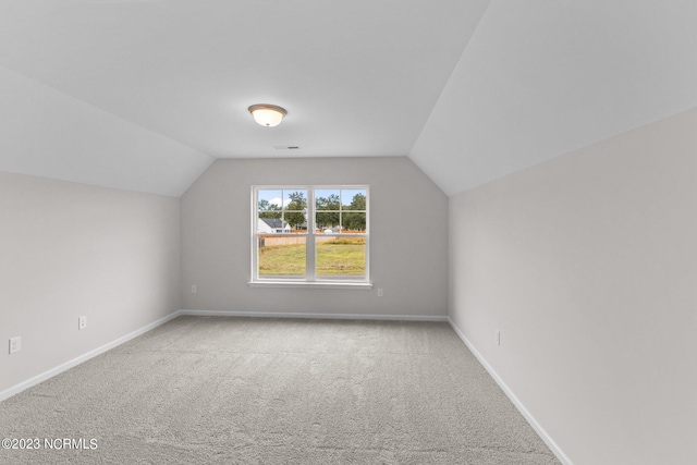 additional living space featuring light colored carpet and vaulted ceiling