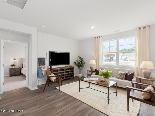 living room with dark hardwood / wood-style flooring