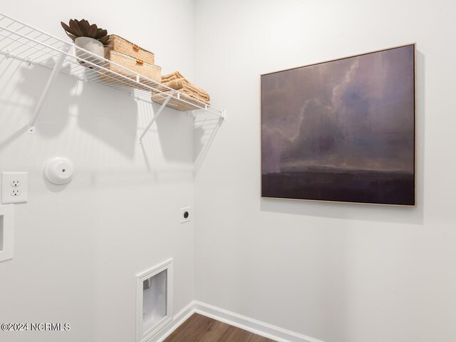 clothes washing area featuring hookup for an electric dryer and wood-type flooring