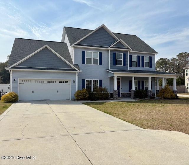 craftsman inspired home with concrete driveway, covered porch, fence, and a garage