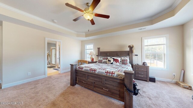 bedroom with a raised ceiling, baseboards, visible vents, and carpet floors