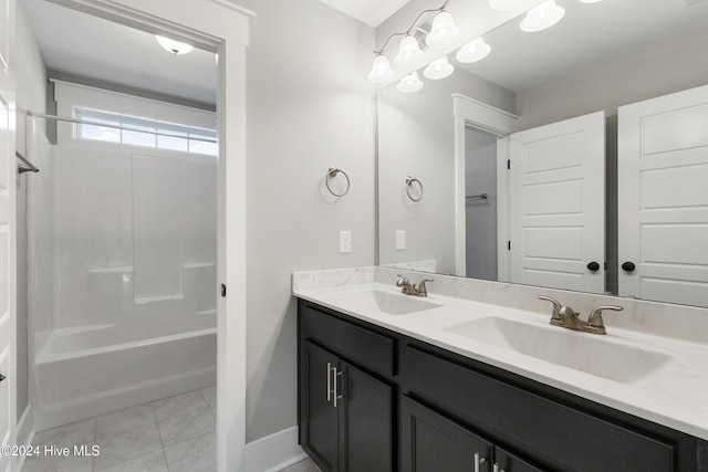 bathroom featuring tile patterned flooring, vanity, and washtub / shower combination