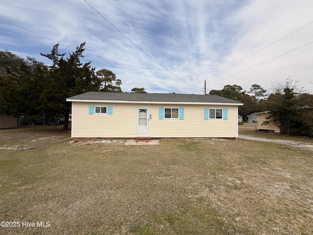 view of front of property featuring roof with shingles and crawl space