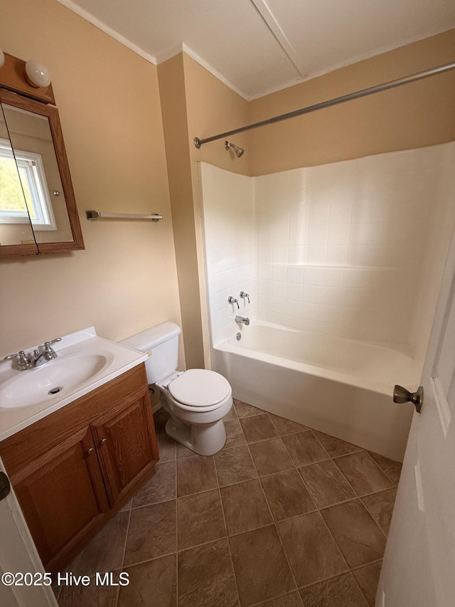 full bath featuring tile patterned flooring, toilet, vanity, and shower / bathing tub combination