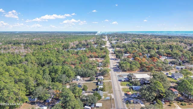 drone / aerial view featuring a forest view and a water view