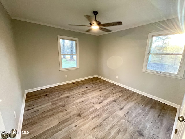 unfurnished room with ceiling fan, a healthy amount of sunlight, light wood-type flooring, and crown molding