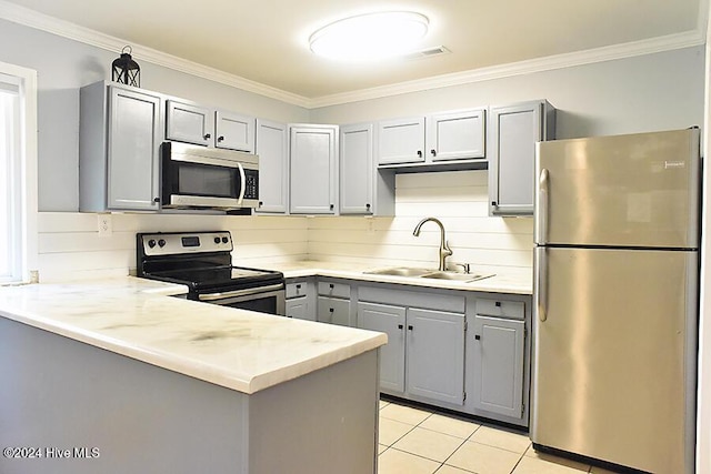 kitchen featuring gray cabinets, sink, kitchen peninsula, and stainless steel appliances