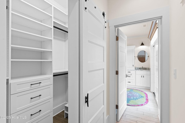 walk in closet with a sink and light wood-style flooring