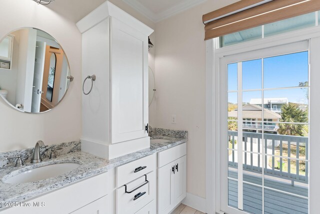 full bathroom with crown molding, double vanity, a sink, and plenty of natural light
