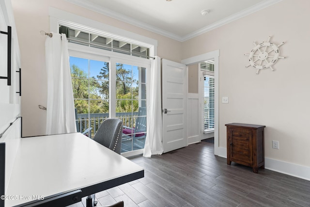 home office with crown molding, dark wood-style flooring, and baseboards