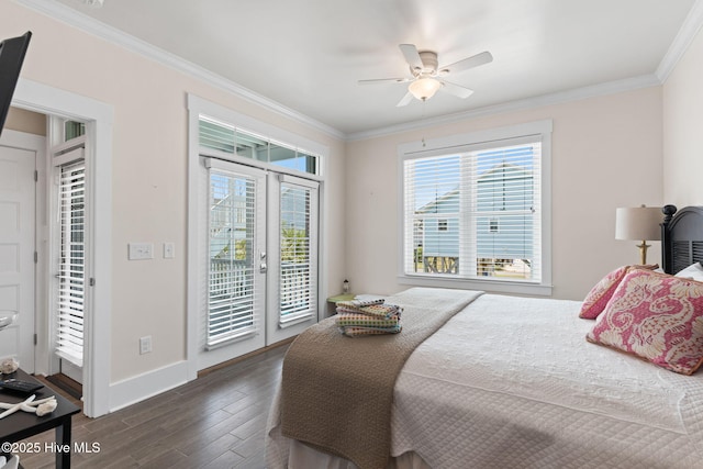 bedroom featuring dark wood-type flooring, access to exterior, baseboards, ornamental molding, and multiple windows