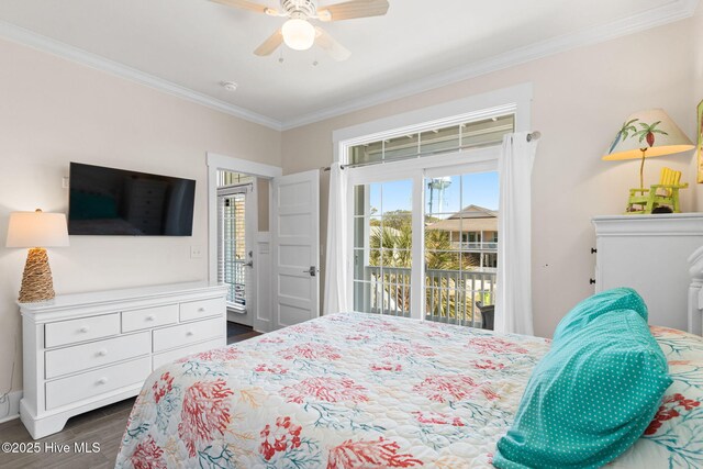 bedroom with crown molding, access to exterior, dark wood-style flooring, and ceiling fan