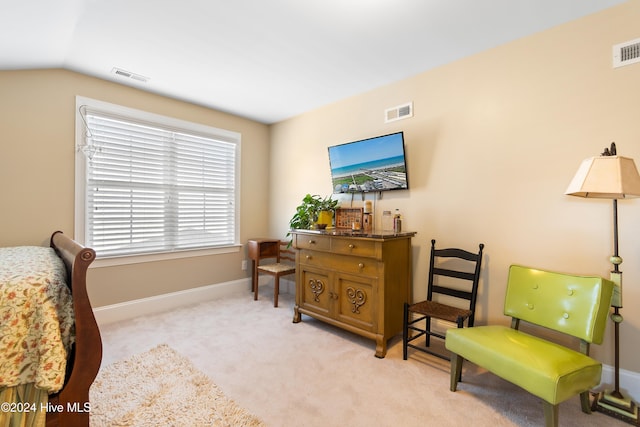 living area featuring light colored carpet and lofted ceiling