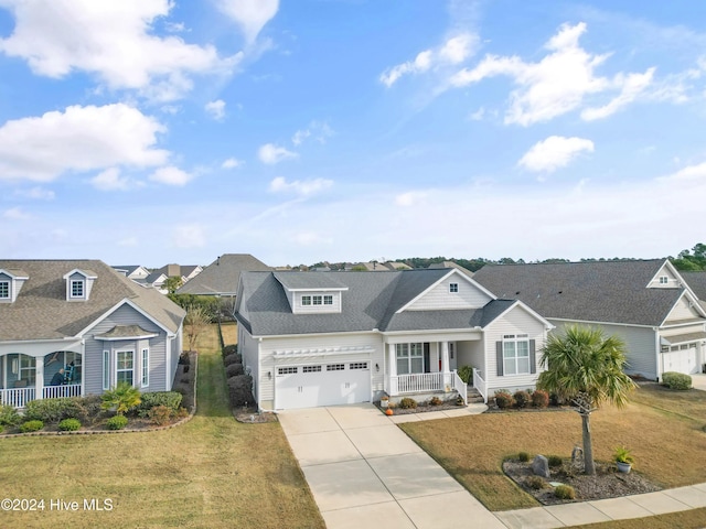 view of front facade featuring a garage, covered porch, and a front lawn