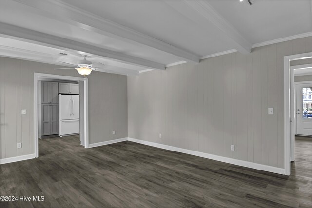 unfurnished room with crown molding, beamed ceiling, dark hardwood / wood-style floors, and ceiling fan