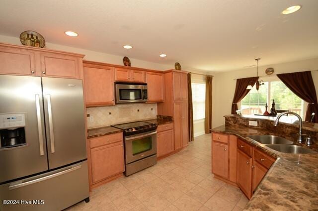 kitchen with tasteful backsplash, sink, pendant lighting, and appliances with stainless steel finishes