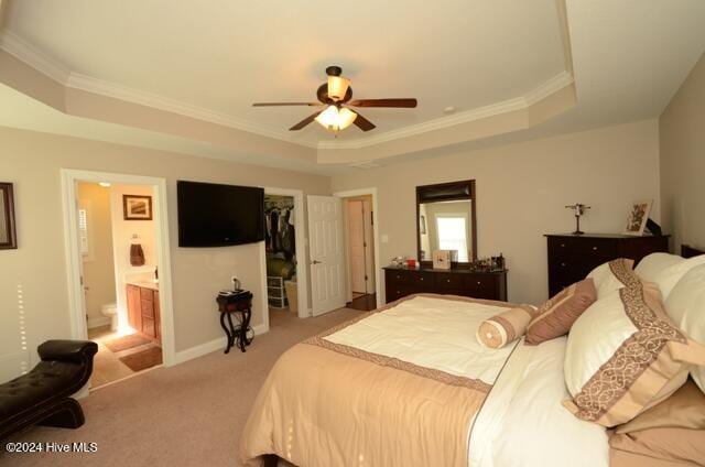 carpeted bedroom with ceiling fan, ensuite bathroom, a tray ceiling, a closet, and ornamental molding