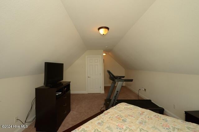 bedroom featuring dark carpet and lofted ceiling