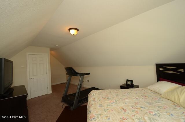 bedroom with dark colored carpet and vaulted ceiling