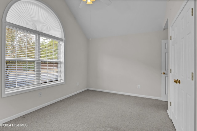 unfurnished room with a healthy amount of sunlight, light carpet, and vaulted ceiling