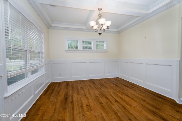 spare room with dark hardwood / wood-style flooring, coffered ceiling, crown molding, an inviting chandelier, and beamed ceiling