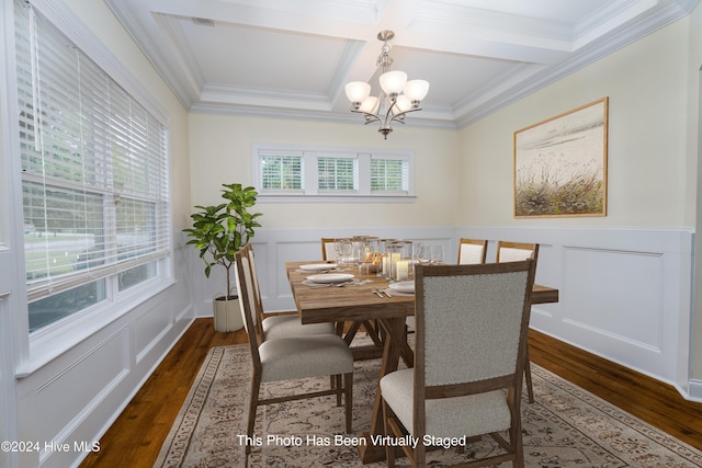 dining space featuring beam ceiling, coffered ceiling, dark hardwood / wood-style flooring, a chandelier, and ornamental molding