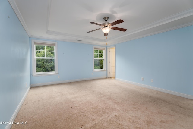 carpeted empty room featuring a raised ceiling, ornamental molding, and a wealth of natural light