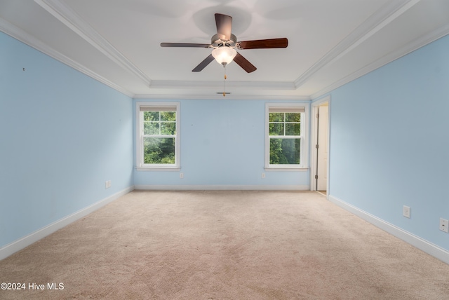 carpeted spare room with a tray ceiling, ceiling fan, and ornamental molding