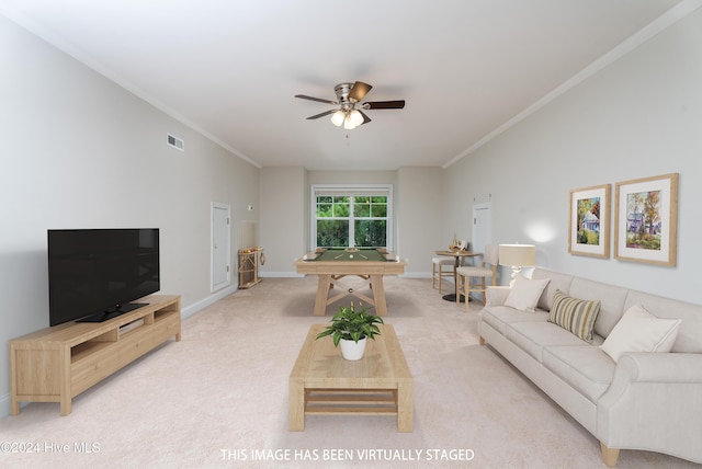 living room featuring carpet flooring, ceiling fan, ornamental molding, and billiards