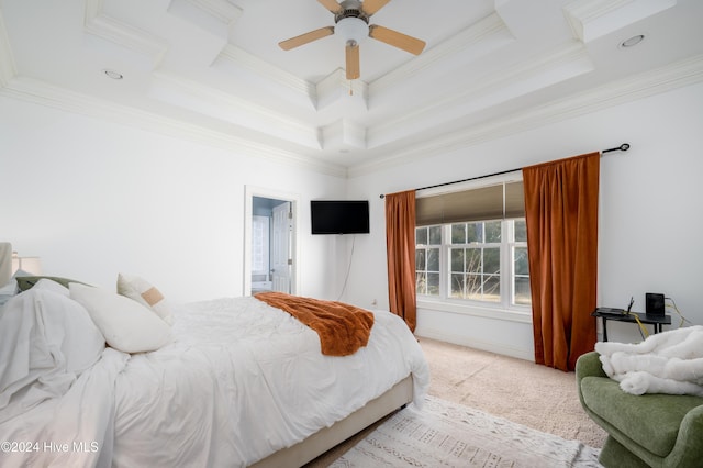 carpeted bedroom featuring a raised ceiling, ceiling fan, ensuite bathroom, and crown molding