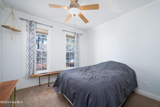 bedroom featuring carpet flooring, ceiling fan, and ornamental molding