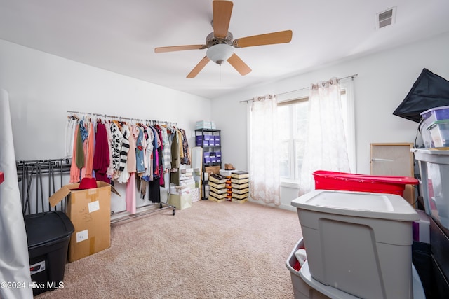 spacious closet featuring carpet flooring and ceiling fan