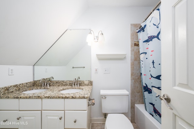 full bathroom with shower / bathtub combination with curtain, vanity, and toilet