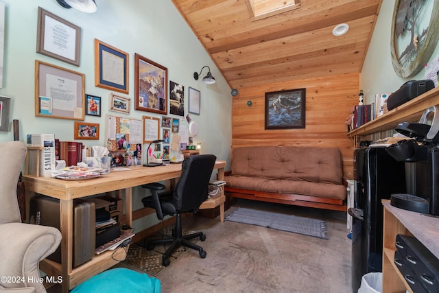 home office with wood ceiling and vaulted ceiling