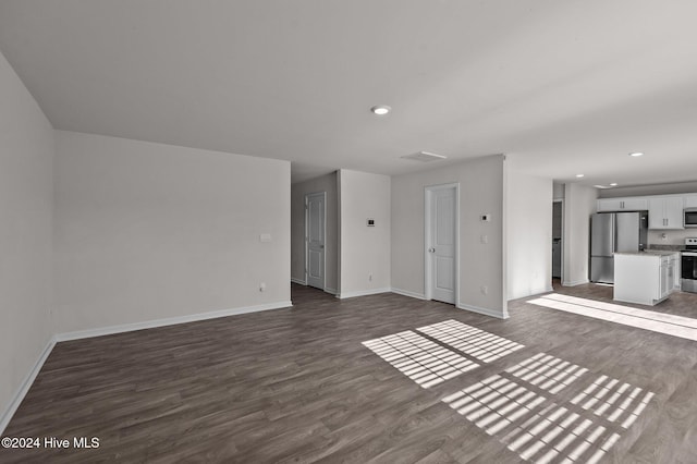 unfurnished living room with dark wood-type flooring