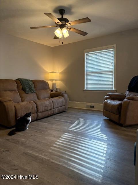 living room with hardwood / wood-style floors and ceiling fan