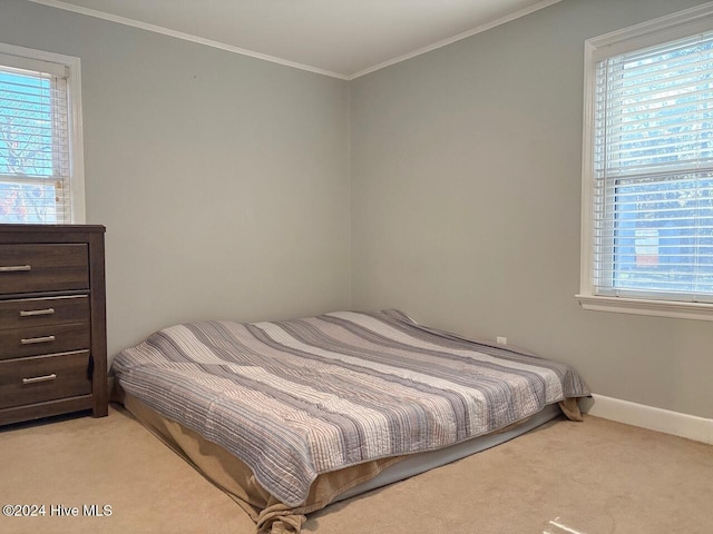 carpeted bedroom with multiple windows and ornamental molding