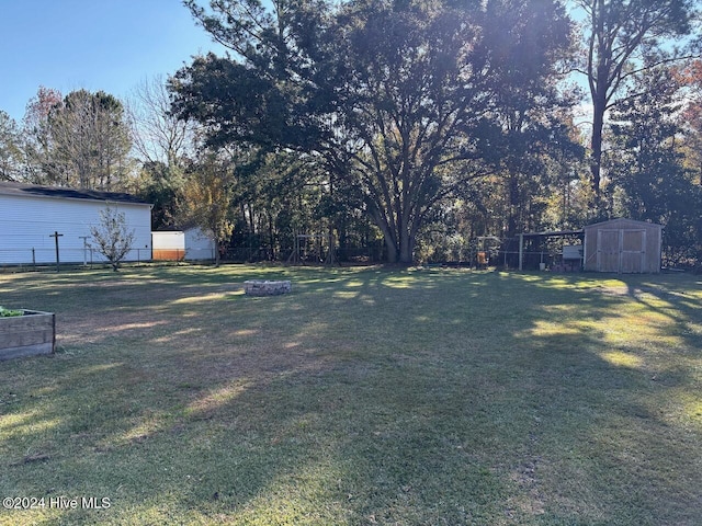 view of yard with a storage unit